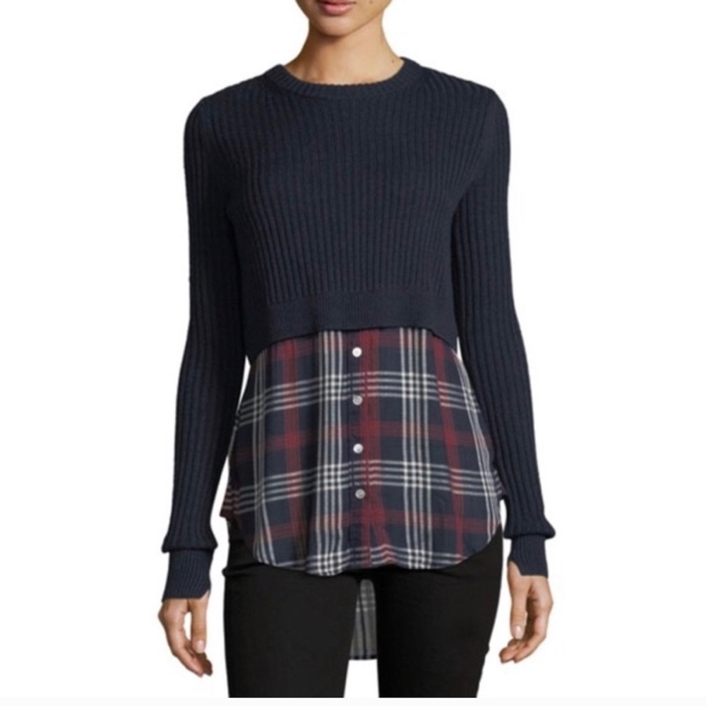 Veronica Beard Garrett Navy Plaid Sweater Combo
